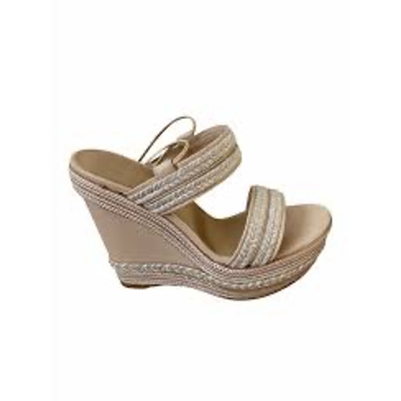 STUART WEITZMEN | NWOT Beige & Silver Espadrille Wedge Sandals Size 7 - Picture 2 of 8